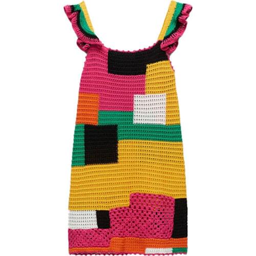 2021 Za Women Summer Chic Fashion With Sleeveless Knitted Mini Dress Vintage Patchwork Crochet Female Dresses Vestidos Mujer