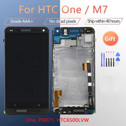 For HTC One M7 LCD screen assembly with front case touch glass, 801e One M7 LCD Display original Black Red Gold Blue Silver