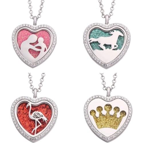 10pcs/lot Silver heart Aromatherapy Essential Oil Diffuser Perfume Rhinestones open Locket necklace 60cm chain Free 100pads