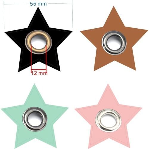 30pcs/lot big STAR PU leather sew on Badges patch labels + inner 12mm metal brass eyelets grommets free ship blackbrow/pinkmint