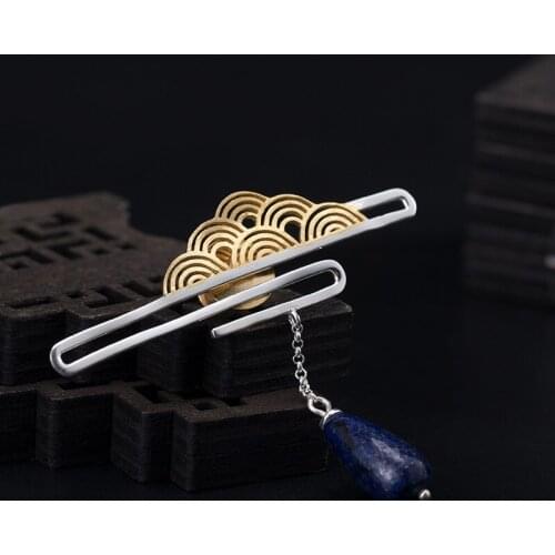 925 Sterling Silver Pin Brooch Natural Stones Auspicious Cloud Lapis Lazuli Brooch Women Fashion Jewelry Gift Hanfu Accessories