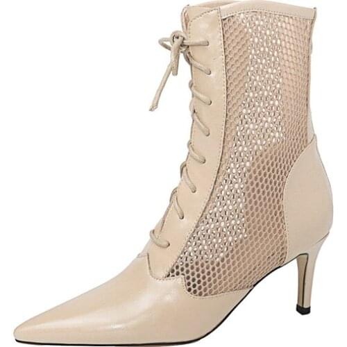 Kmeioo edition Genuine leather sandals new thin heel pointed toe fashion net surface splicing Breathable lace-up boots 5cm