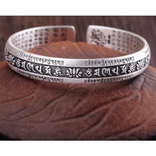 Uglyless Real 999 Pure Silver Bangles for Women Buddhistic Mantra Thai Silver Open Bangles Holy Lotus Heart Sutra Jewelry BA721