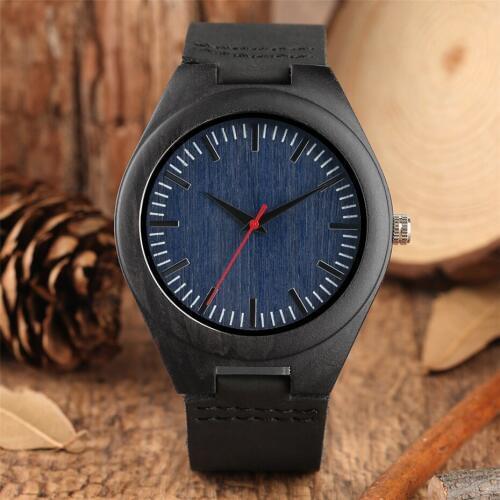 Mens Wooden Watch Pure Analog Wrist Watch Man Black Genuine Leather Watch Band Sport Fashion Young Wrist Watches reloj masculino