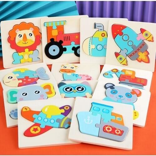 ASWJ 3D Wooden Puzzle Jigsaw Toys For Children Wood Cartoon Animal Puzzles Intelligence Kids Early Educational Toys For Children