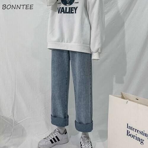 Jeans Women Full Length Blue Denim Loose Straight Casual Students Quality Classic Vintage Trendy Simple All-match New Hot Sale