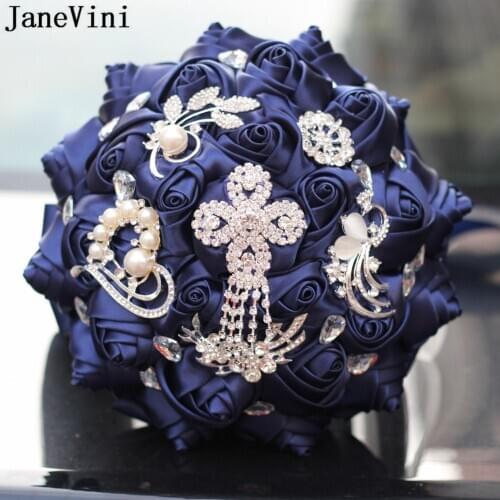 JaneVini 24cm 30cm Large Wedding Bouquet for Bride Navy Blue Burgundy Crystal Beaded Bridal Bouquets Pearls Satin Roses Flowers