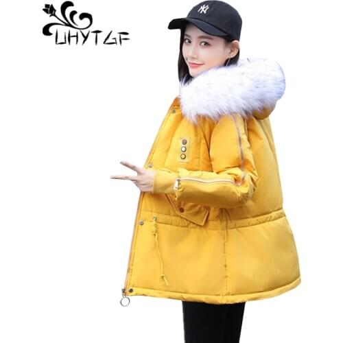 UHYTGF jacket women warm winter down jacket woman parkas fur collar hooded casual plus size outerwear elegant female coats 1034
