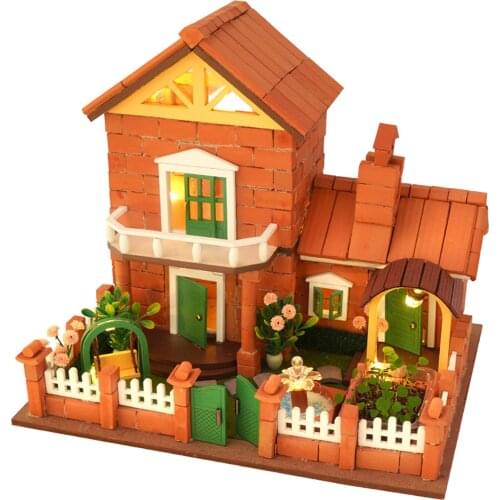 Miniature Dollhouse, DIY Garden House Kit, with Real Bricks, Mini Plant Seeds, Soil & LED Light for Romantic Valentines Gift