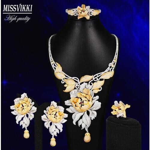 Missvikki Natural Big Peony Flowers Jewelry Set Luxury Cubic Zirconia Bangle Earrings Necklace Ring Pendant Accessories Bijoux