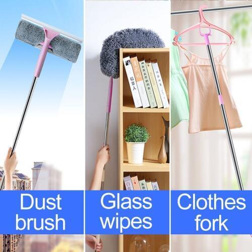 Multi-purpose Long Handle Cleaning Brush Feather Duster Cleaner Window Glass Squeegee Telescopic Rod Clothes Pole Rubber Wiper