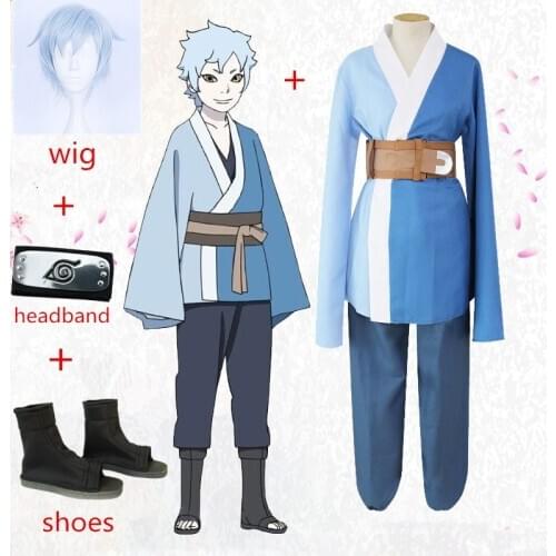 Boruto Naruto Shippuden Mitsuki Blue Wigs Cosplay Costumes Kimono Suits For men women Halloween Party Blue Top Pant Set Headwear