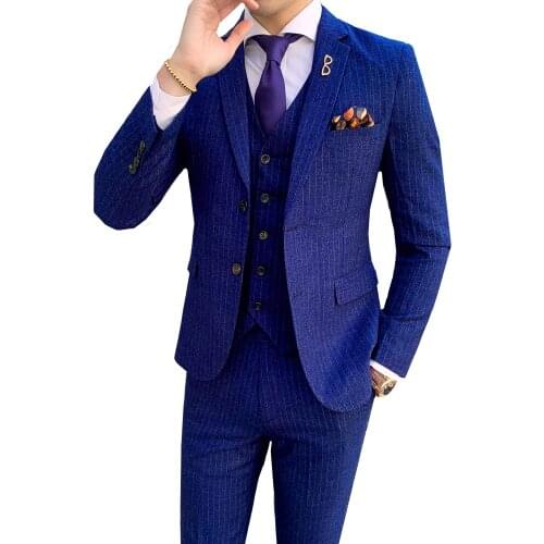 3 Pieces Jacket Pant Vest Men Casual Striped Business Suits New Clothes Wedding Groomsman Dress Slim Fit Work Blazers Coat Set