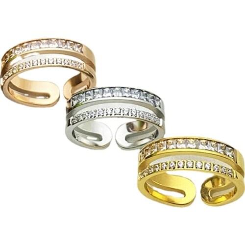 New Double-row Cubic Zircon Hollow Ring Female Titanium Steel Open Ring