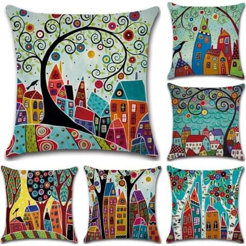 New Cartoon Rural Retro Pillowcase Hand-painted Beautiful Home Cotton Linen Pillow Case Cushion Cover Single-sided Printing