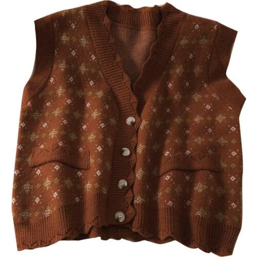Autumn new slim short section knit floral wavy edge single-breasted cardigan sweater vest