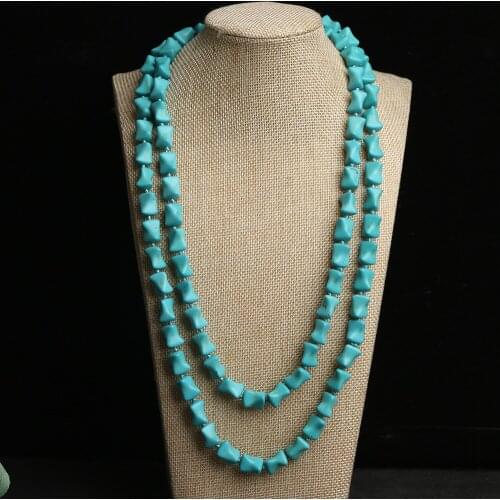 Synthetic Turquoise Necklace Blue Stone Beads Long Sweater Chain Collar Choker Unisex Men Women Jewelry Party Gifts Accessories