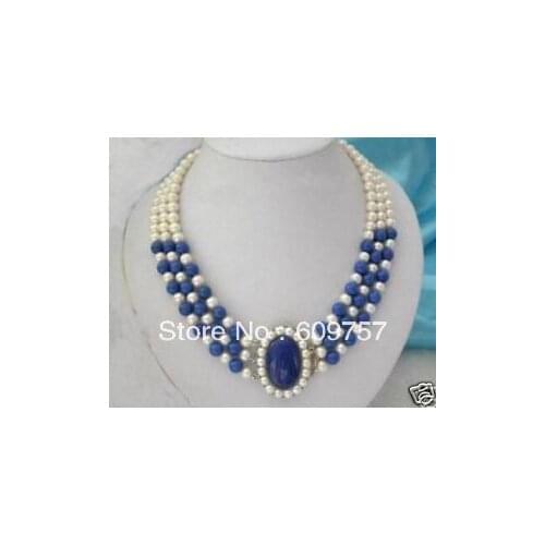 Use Natural Pearl NECKLACES Natural 3 rows Natural 7-8mm white pearls lazuli necklace 17-19" -jewelry