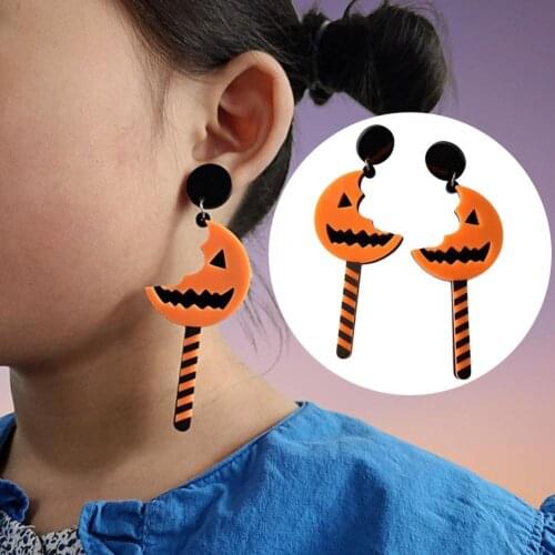 1 Pair Halloween Earrings Pumpkin Pattern Moon Shape Acrylic Piercing Classic Dangle Earrings Women Decor Fashion Jewelry