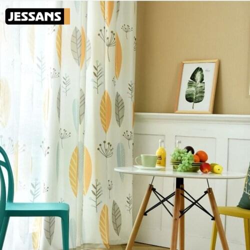 Nordic Style Yellow Blue Leaf Kindergarten Curtains for Living Room Childrens Room Linen Printing Curtain Home Decoration