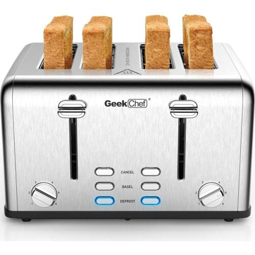 4-Slice Stainless Steel Toaster Geek Chef Stainless Steel Extra-Wide Slot Toaster W/ Bagel/Defrost/Cancel Function Sliver-Black