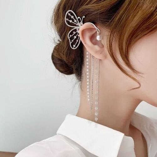 U-Magical Exquisite Butterfly Long Tassel Simulation Pearl Rhinestone Clip Earrings for Women Hollow Out Earrings Jewelry