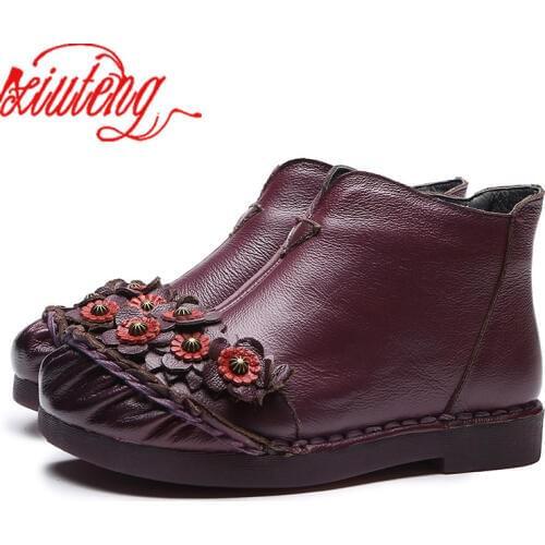 Xiuteng 2020 New Arrival Vintage Boots Genuine Leather Ankle Boots Winter Women Warm Shoes Soft Non-Slip Bottom Soles Plus Size