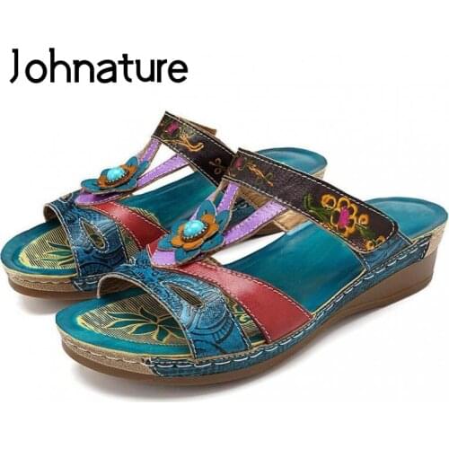 Johnature Hand-painted Women Slippers Genuine Leather Summer Women Shoes 2021 New Slides Flat With Sewing Ladies Slippers
