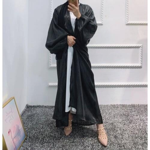 Islamic Dubai Abaya Muslim Womens Waist Puff Sleeve Cardigan Summer Elegant Robe Arab Womens Long Sleeve Solid Color Robe