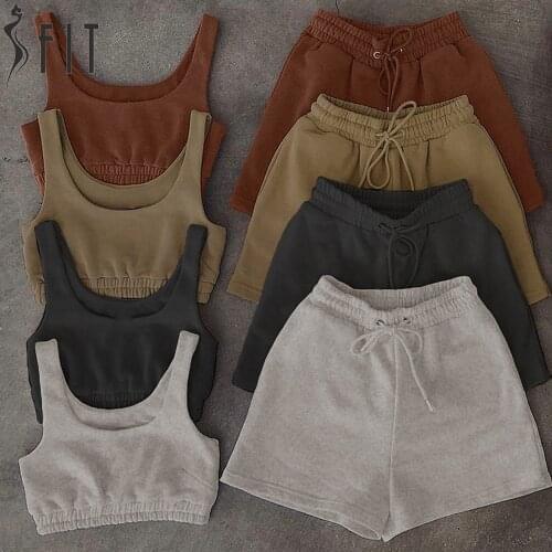 Casual Solid Sportswear Two Piece Sets Women Crop Top And Drawstring Shorts Matching Set Summer Athleisure Outfits
