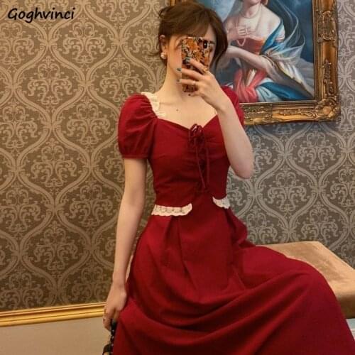 Dress Women Ulzzang Slim Girls Romance Summer Party Wear Lace Drawstring Puff Sleeve Designed Classic Elegant Fit Large Size 2XL