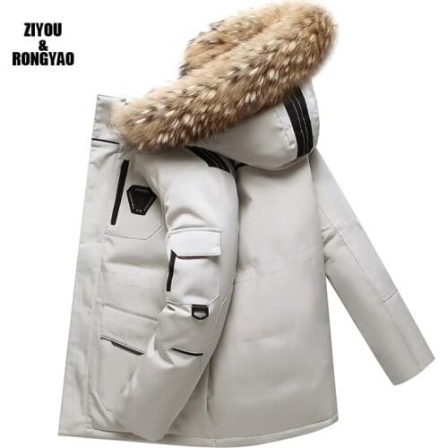 Winter Mens Jacket Fashion 90% Parkas Coats -30 Degree Multiple Pockets Fur Collar Mens Thicken Warm Down Overcoat