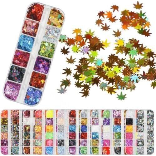 3D Ultra Thin Maple Leaf Nail Sequins Round Glitter Mini Maple Snowflake Butterfly 12 Color Mixed Nail Decoration Accessories