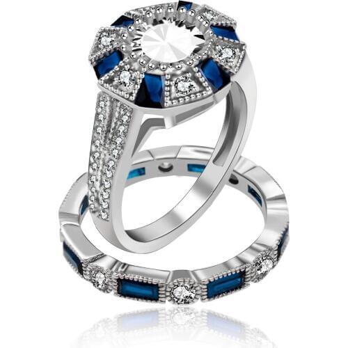 Almei 2 Pieces of White/Blue Cubic Zirconia Wedding Band Rings Sets,Couple Rings for Girls,Engagement Ring Gifts for Women RJ497