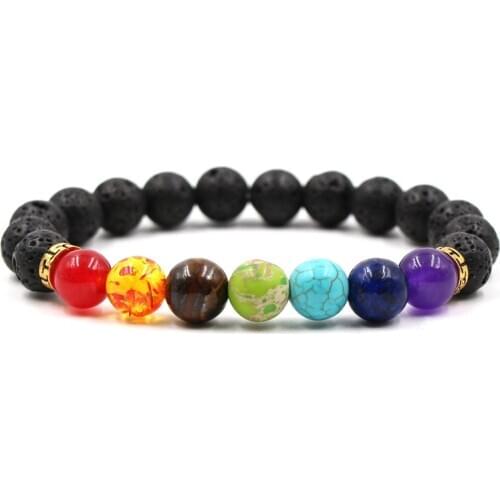 New Gold Metal Spacer 10mm Natural Stone Malachite 7 Chakra Single Loop Elastic String Bead Bracelet for Women Men Jewelry