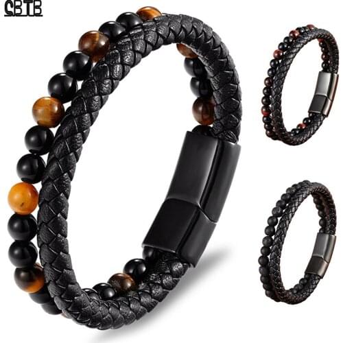 Lava Stone Tiger Eye Bead Bracelet Hand Woven Multilayer Leather Bracelet Magnetic Buckle Buddha Bracelet Mens Jewelry Gift