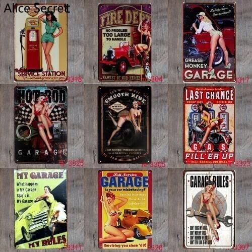 Garage Decor Metal Sign Plaque Vintage Gas Station Fill up Retro Metal Tin Sign Car Repair Sexy Lady Metal Wall Art Decor