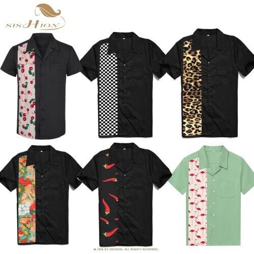 L-2XL Plus Size Men Shirt ST110 Short Sleeve Black Red Rockabilly Cotton Casual Bowling Shirts for Men camisa masculina