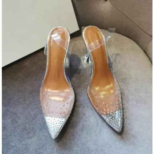 Moraima Snc Sexy Pointed Toe High Heel Sandal Crystal Embellished Transparent PVC Shoes Woman Party Wedding Heels