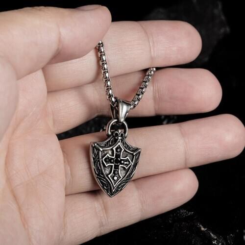 Stainless Steel mens Pendant Necklace Vintage Cross Shield Punk Jewelry