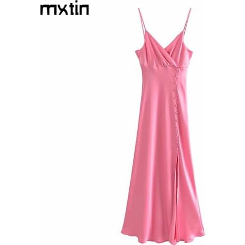 MXTIN 2021 Women Summer Fashion Solid Button Midi Dress Vintage V-Neck Sleeveless Backless Split Female Party Dresses Mujer