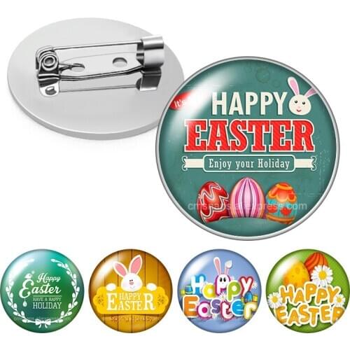 New Happy Easter day Easter eggs Cute Rabbit present Glass cabochon Brooch Dome Photo Jewelry Brooches Pin Men Woman Gift