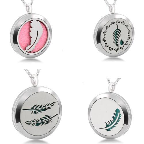 Charm 4 Styles Feather 316L Stainless Steel Aromatherapy Pendant Essential Oil Diffuser Necklace Perfume Locket Jewelry