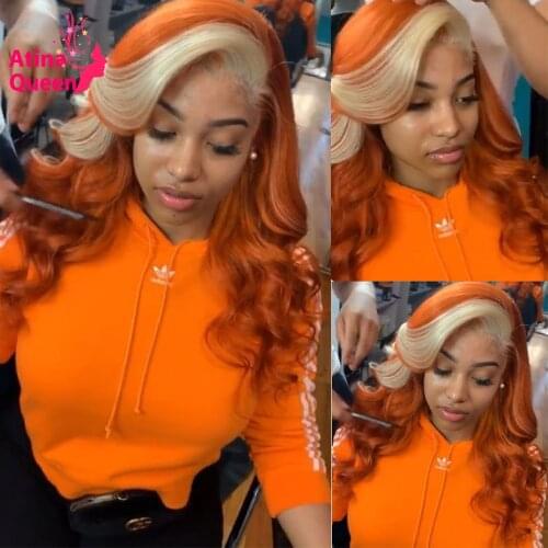 Ombre Ginger 613 Blonde Hd Transparent 13x5 Lace Frontal Human Hair Wigs For Black Women Orange Colored Body Wave Highlight Wig