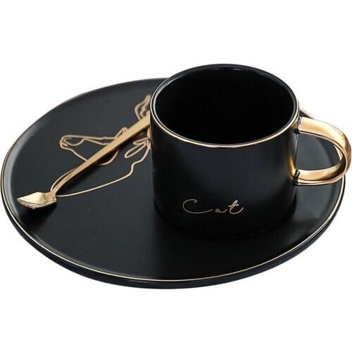 Gilt Black Coffee Cup Creative Ceramic Coffee Mug And Saucer Spoon Three-piece Lovers Tumbler Office Water Cup For Coffee Milk