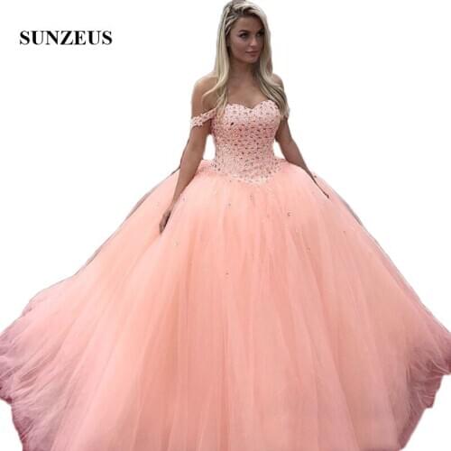 Luxury Crystal Quinceanera Dresses Ball Gown Off Shoulder Coral Tulle Sweet 15 Party Dresses Prom Gowns sukienka balowa