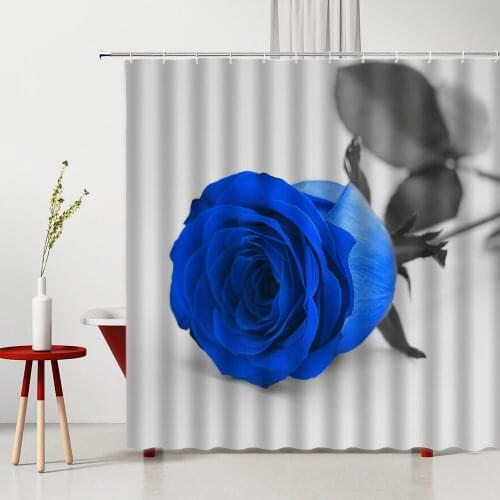 Rose Shower Curtain Blue Flower Leaf Valentines Day Gift Pattern Machine Washable Bathroom Decor Curtain Set Bath Accessories
