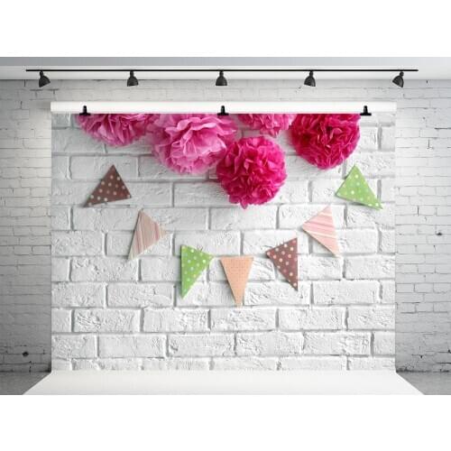 VinylBDS 10x10ft White Brick Children Birthday Photography Backdrops Bunting Baby Shower Backdrop Photo Background
