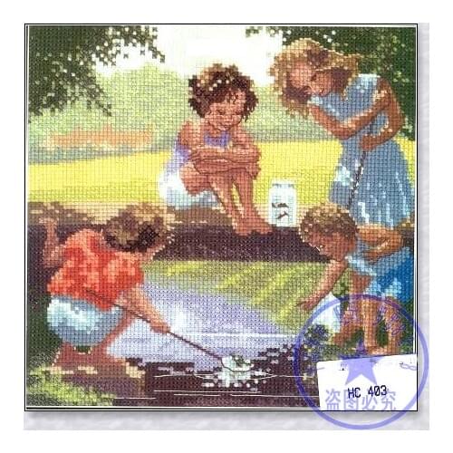 Top Quality Lovely Beautiful Counted Cross Stitch Kit Good Friends Four Kids at the Pond Fish Innocent Age