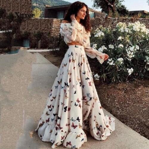 2021 Summer Womens Butterfly Print Two-Piece Bohemian Beach Skirt Long Skirt Fashion Women High Waist Pretty Long Skirt